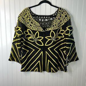 Susanna Ribbon Full Zip Top Women’s Size 3 XLarge Yellow Black Floral Ribbon